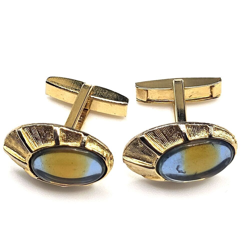 Vintage Gold Plated Cat Eye Cabochon Art Noveau Cuff Links Avon Made in USA 1in